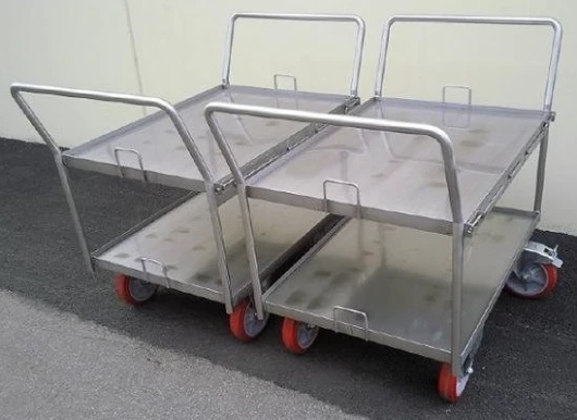 Custom stainless steel food manufacturing trolleys fabricated for an aged care facility kitchen