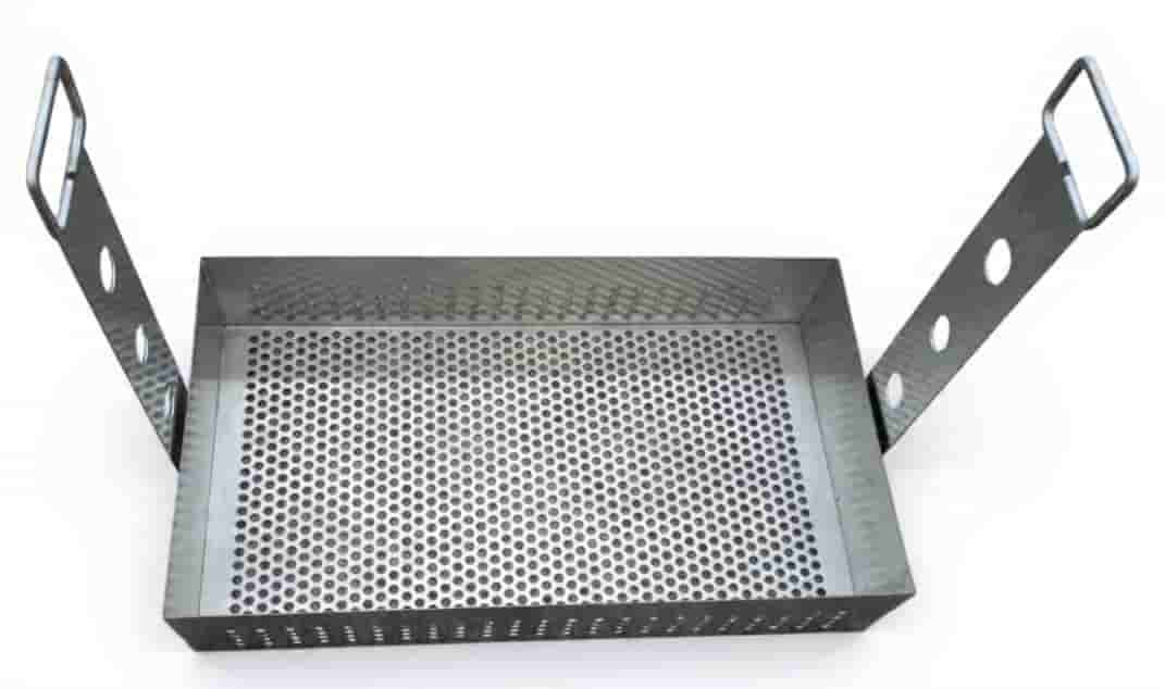 Perforated stainless-steel tray with side handles