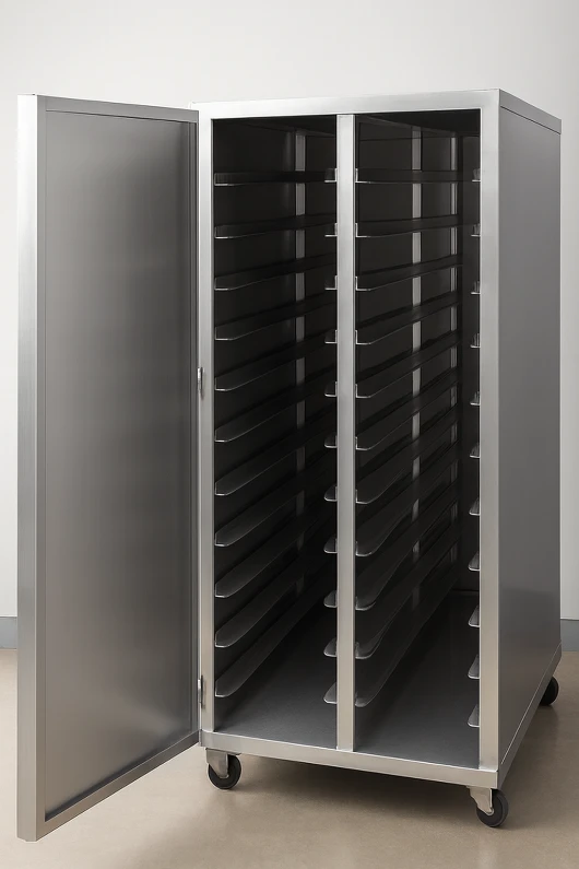 Custom fabricated 316-grade stainless steel medical trolley for sterile autoclave tray storage